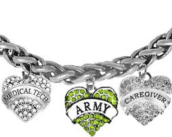 Army, Medical Tech, Genuine Crystal Army Symbol, Caregiver,Adjustable Antique Wheat Chain Bracelet, Hypoallergenic-Safe,No Nickel, Lead,Or Cadmium