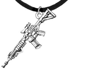 AR 15 Rifle, High Polish Silver Finish, Very Detailed,Adjustable Black Suede Necklace, Hypoallergenic-Safe,No Nickel, Lead, Or Cadmium ®2022