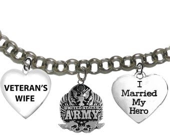 Army, Veteran's Wife, Army Insignia, I Married My Hero, Adjustable Rolo Chain Bracelet,Will Fit Everyone.Hypoallergenic,No Nickel,Lead,Or Cadmium In The Metal. ©2022