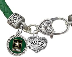 Army Emblem/Symbol, ROTC Heart Charm, Genuine Austrian Crystal, All Hand Set, Genuine Green Leather Bracelet, Hypoallergenic-Safe, No Nickel