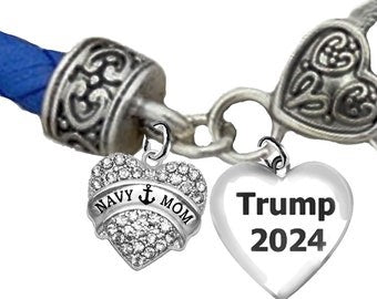 Trump 2024,Navy Mom,On A Blue Leather Bracelet, Hypoallergenic-Safe, No Nickel,Lead,Or Cadmium.We Can Add 1/4 to 3/8 Inch At No Charge ©2022