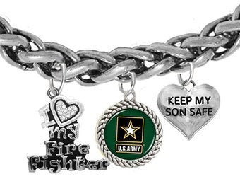 Army Firefighter, Army Symbol, Keep My Son Safe, On A Adjustable Antique Wheat Chain Bracelet,Hypoallergenic-Safe,No Nickel, Lead,Or Cadmium