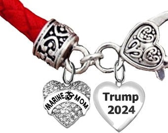 Trump 2024, Marine Mom, On A Red Leather Bracelet,Hypoallergenic-Safe,No Nickel,Lead,Or Cadmium.We Can Add 1/4 to 3/8 InchAt No Charge ©2022