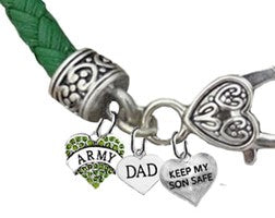 Army Genuine Austrian Crystal Heart, Dad, Keep My Son Safe, On A Green Leather Bracelet, Hypoallergenic-Safe,No Nickel,Lead,Or Cadmium ©2022