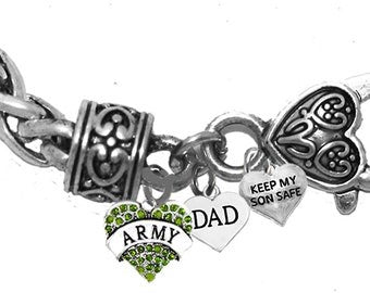 Army Genuine Austrian Crystal Heart, Dad, Keep My Son Safe,On A Antique Wheat Chain Bracelet, Hypoallergenic-Safe,No Nickel,Lead,Or Cadmium