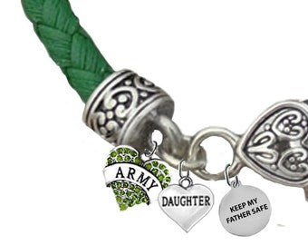 Army Genuine Austrian Crystal Heart, Daughter, Keep My Father Safe,On A Green Leather Bracelet,Hypoallergenic-Safe,No Nickel,Lead,Or Cadmium