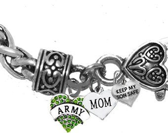 Army Genuine Austrian Crystal Heart, Mom, Keep My Son Safe, On A Antique Wheat Chain Bracelet, Hypoallergenic-Safe, No Nickel, Lead,Cadmium