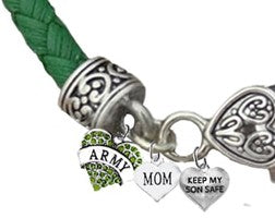 Army Genuine Austrian Crystal Heart, Mom, Keep My Son Safe, On A Green Leather Bracelet, Hypoallergenic-Safe, No Nickel, Lead, Or Cadmium