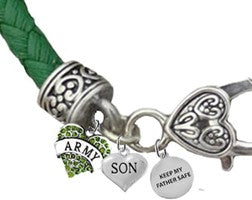 Army Genuine Austrian Crystal Heart, Son, Keep My Father Safe, On A Green Leather Bracelet, Hypoallergenic-Safe, No Nickel, Lead, Or Cadmium