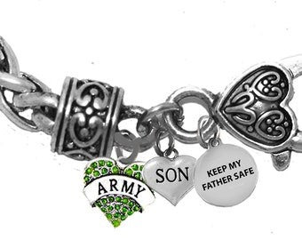 Army Genuine Austrian Crystal Heart, Son,Keep My Father Safe,On A Antique Wheat Chain Bracelet,Hypoallergenic-Safe,No Nickel,Lead,Or Cadmium