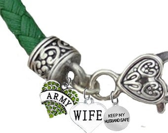 Army Genuine Austrian Crystal Heart, Wife, Keep My Husband Safe, On A Green Leather Bracelet, Hypoallergenic-Safe, No Nickel,Lead,Or Cadmium