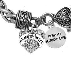 Army Genuine Austrian Crystal Heart, Wife,Keep My Husband Safe,On Antique Wheat Chain Bracelet,Hypoallergenic-Safe,No Nickel,Lead,Or Cadmium