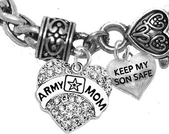 Army Genuine Austrian Crystal Heart,Mom, Keep My Son Safe, On A Antique Wheat Chain Bracelet, Hypoallergenic-Safe, No Nickel,Lead,Or Cadmium