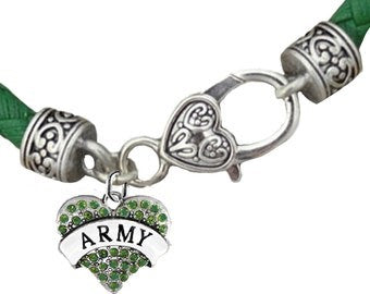 Army Heart, Genuine Austrian Crystal, All Hand Set, Genuine Green Leather Bracelet, Hypoallergenic-Safe, No Nickel, Lead, Or Cadmium