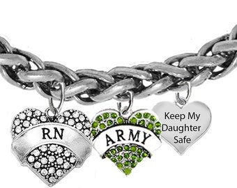 Army, RN Army Nurse,Army Symbol, Keep My Daughter Safe, On Adjustable Antique Wheat Chain Bracelet, Hypoallergenic-Safe,No Nickel, Lead,Or Cadmium In The Metal