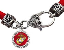 Marine Symbol/Emblem, On A Genuine Red Leather Bracelet,Hypoallergenic-Safe,No Nickel,Lead,Or Cadmium In Metal.