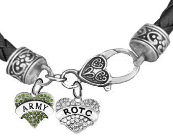 Army Heart, ROTC Heart, Genuine Austrian Crystal,All Hand Set,Genuine Black Leather Bracelet Hypoallergenic-Safe, No Nickel, Lead,Or Cadmium