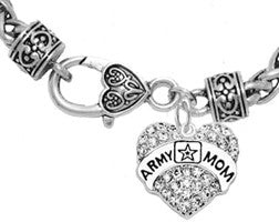 Army Mom Heart, Genuine Austrian Crystal, All Hand Set, Genuine Antique Wheat Chain Bracelet Hypoallergenic-Safe, No Nickel Lead, Or Cadmium