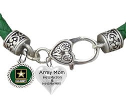 Army Mom, He's My Son And He's My Hero, With Army Charm On A Antique Genuine Green Leather Bracelet,Hypoallergenic-Safe,No Nickel,Or Cadmium