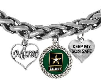 Army Nurse,Army Symbol, Keep My Son Safe, On A Adjustable Antique Wheat Chain Bracelet, Hypoallergenic-Safe,No Nickel, Lead, Or Cadmium