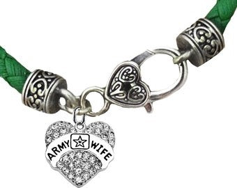 Army Wife Heart, Genuine Austrian Crystal, All Hand Set, Genuine Green Leather Bracelet, Hypoallergenic-Safe, No Nickel, Lead, Or Cadmium