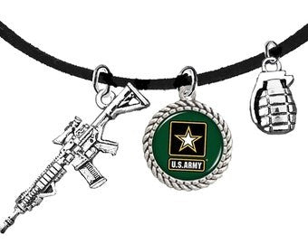 Army, Tough, AR 15, Hand Grenade, Army Symbol, High Polish Silver Finish, Adjustable Suede Necklace, Hypoallergenic, No Nickel, Lead,Cadmium