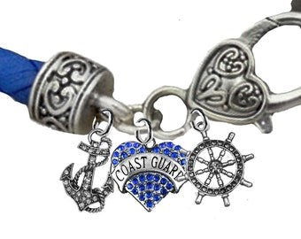 Coast Guard, Beautiful Crystal Anchor, Blue Crystal Coast Guard Heart, Crystal Ship Helm Steering Wheel, All Austrian Crystal On A Blue Leather Bracelet