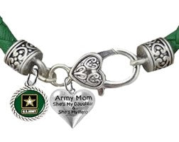 Army Mom, She's My Daughter And She's My Hero, With Army Charm On A Antique Genuine Green Leather Bracelet Hypoallergenic-Safe, No Nickel