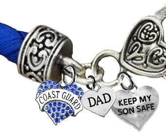 Coast Guard Dad, Keep My Son Safe, On A Blue Leather Bracelet, Hypoallergenic-Safe, No Nickel, Lead, Or Cadmium. ©2014, ©2021, ©2022