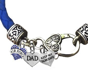 Air Force Dad, Keep My Son Safe, On A Light Blue Leather Bracelet, Hypoallergenic-Safe, No Nickel, Lead, Or Cadmium