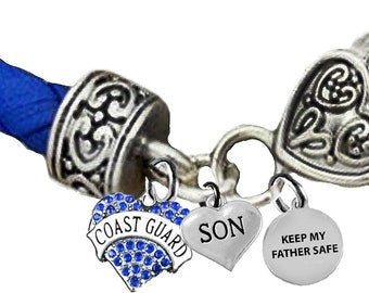 Coast Guard Son, Keep My Father Safe, On A Blue Leather Bracelet, Hypoallergenic-Safe, No Nickel, Lead, Or Cadmium. ©2014, ©2021, ©2022