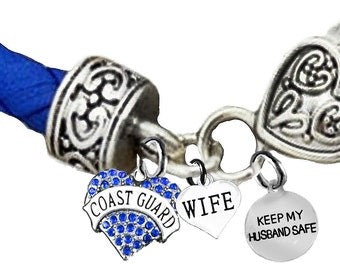 Coast Guard,  Coast Guard Wife, Keep My Husband Safe, On A Blue Leather Bracelet, Hypoallergenic-Safe, No Nickel, Lead, Or Cadmium In The Metal. ©2014, ©2021, ©2022