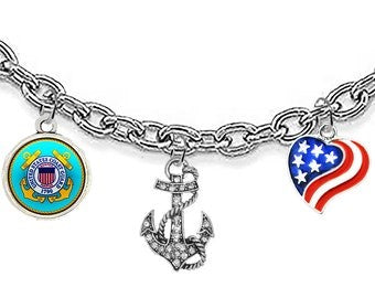 Coast Guard, Genuine Austrian Crystal Anchor, American Flag Heart, On A Adjustable Cable Chain Necklace, Hypoallergenic-Safe, No Nickel,Lead