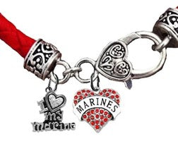 Marine, I Love (Heart) My Marine, Genuine Marine Crystal Heart, On A Genuine Red Leather Bracelet, Hypoallergenic-Safe,No Nickel, Lead, Or Cadmium