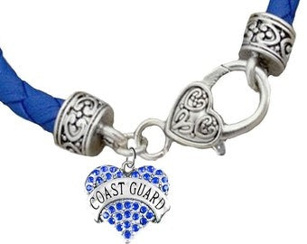 Coast Guard, Genuine Blue Leather Bracelet, Hypoallergenic-Safe, No Nickel, Lead, Or Cadmium In Metal. 7.5 Inches Long.