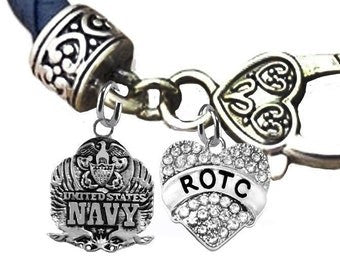 Navy ROTC, US Navy Symbol, On A Dark Navy Leather Bracelet, Hypoallergenic-Safe,No Nickel, Lead, Or Cadmium.