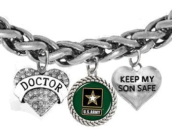 Army, Doctor, Army Symbol, Keep My Son Safe, On A Adjustable Antique Wheat Chain Bracelet, Hypoallergenic-Safe,No Nickel, Lead, Or Cadmium.