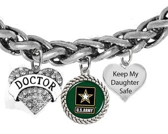 Army, Doctor,Army Symbol, Keep My Daughter Safe, On A Adjustable Antique Wheat Chain Bracelet, Hypoallergenic-Safe,No Nickel, Lead,Or Cadmium