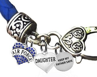 Air Force Daughter, Keep My Father Safe, On A Light Blue Leather Bracelet, Hypoallergenic-Safe, No Nickel, Lead, Or Cadmium. ©2014, ©2022