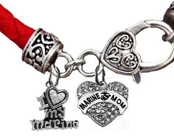 Marine, I Love (Heart) My Marine, Marine Mom Crystal Heart, On A Genuine Red Leather Bracelet, Hypoallergenic-Safe,No Nickel, Lead, Or Cadmium