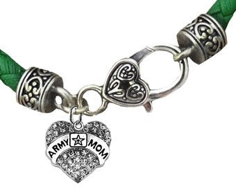 Army Mom Heart, Genuine Austrian Crystal, All Hand Set, Genuine Green Leather Bracelet, Hypoallergenic-Safe, No Nickel, Lead, Or Cadmium.