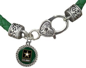 Army Symbol/Emblem, On A Genuine Army Green Leather Bracelet, Hypoallergenic-Safe, No Nickel, Lead, Or Cadmium In The Metal