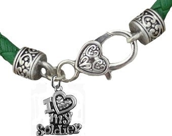 Army, I Love (Heart) My Soldier, Army Charm On A Antique Genuine Green Leather Bracelet, Hypoallergenic-Safe, No Nickel, Lead, Or Cadmium