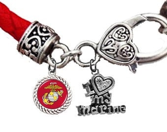 Marine Symbol/Emblem, I Love (Heart) My Marine, On A Red Leather Bracelet, Hypoallergenic-Safe,No Nickel, Lead, Or Cadmium.