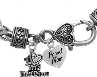 Marine, I Love (Heart) My Marine, Proud Mom Heart, On A Antique Wheat Chain Bracelet, Hypoallergenic-Safe,No Nickel, Lead, Or Cadmium.