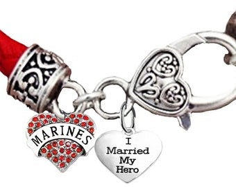 Marine, I Married My Hero, Heart, Genuine Marine Red Crystal Heart,On A Genuine Red Leather Bracelet,Hypoallergenic-Safe,No Nickel, Lead,Or Cadmium. In The Metal.