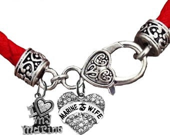 Marine, I Love (Heart) My Marine, Marine Wife Crystal Heart, On A Genuine Red Leather Bracelet, Hypoallergenic-Safe,No Nickel, Lead, Or Cadmium