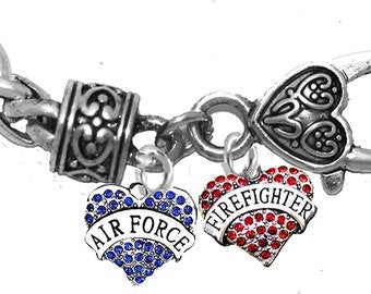 Air Force Firefighter, Genuine Austrian Crystal Hearts, Adjustable Antique Wheat Chain Bracelet, Hypoallergenic, No Nickel, Lead, Or Cadmium